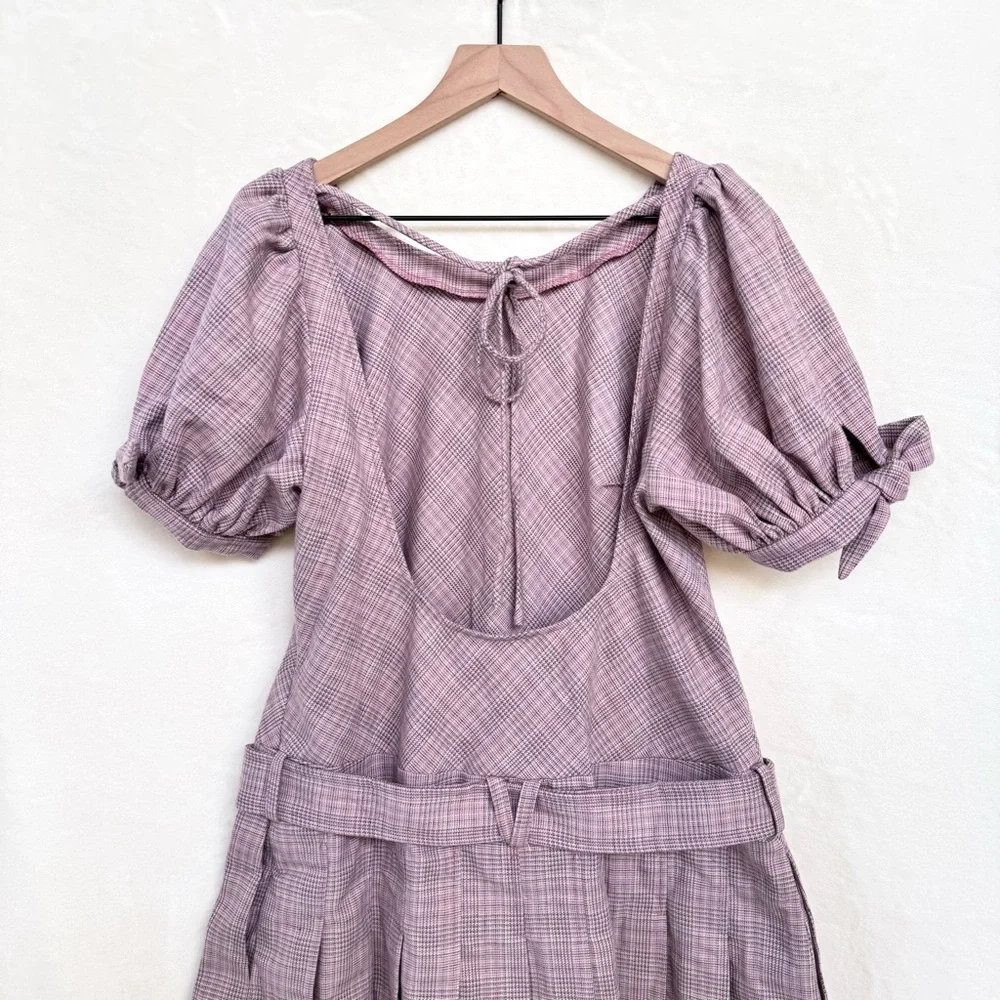 NWOT Free People Sevi Belted Plaid Pleated Mini Dress in Gray & Pink Combo
